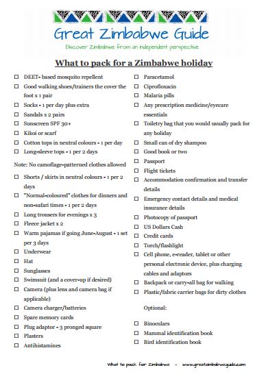 What to pack for Zimbabwe holiday checklist print