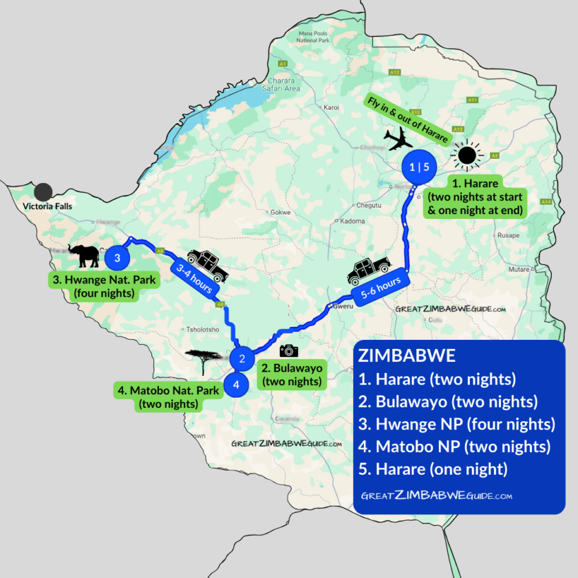 Itinerary Zimbabwe Africa map Harare Hwange Bulawayo Matobo diary
