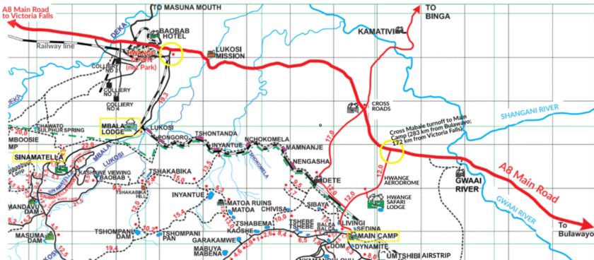 Turnoff to Main Camp Hwange Self Drive Map Turnoff to Main Camp Hwange Self Drive Map