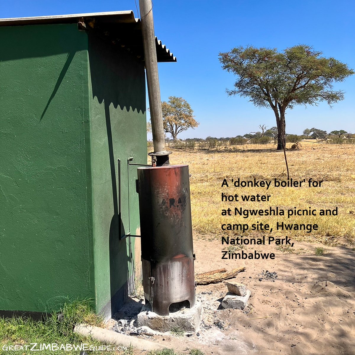 Ngweshla Camp Hwange Donkey boiler National Park Zimbabwe Africa text