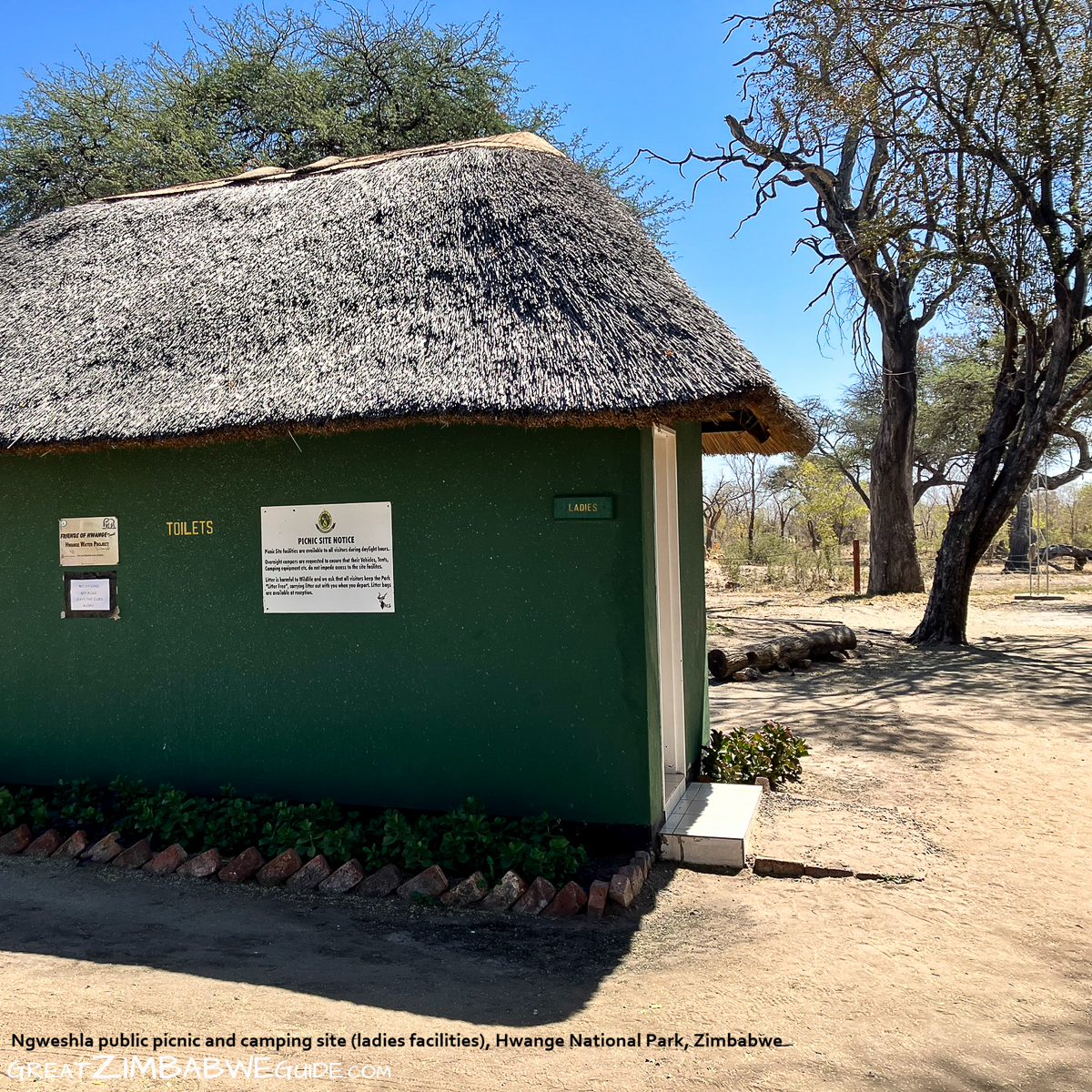 Ngweshla toilets camp Hwange National Park Zimbabwe Africa text