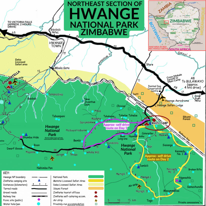 Self drive safari route Hwange National Park Zimbabwe Africa Map