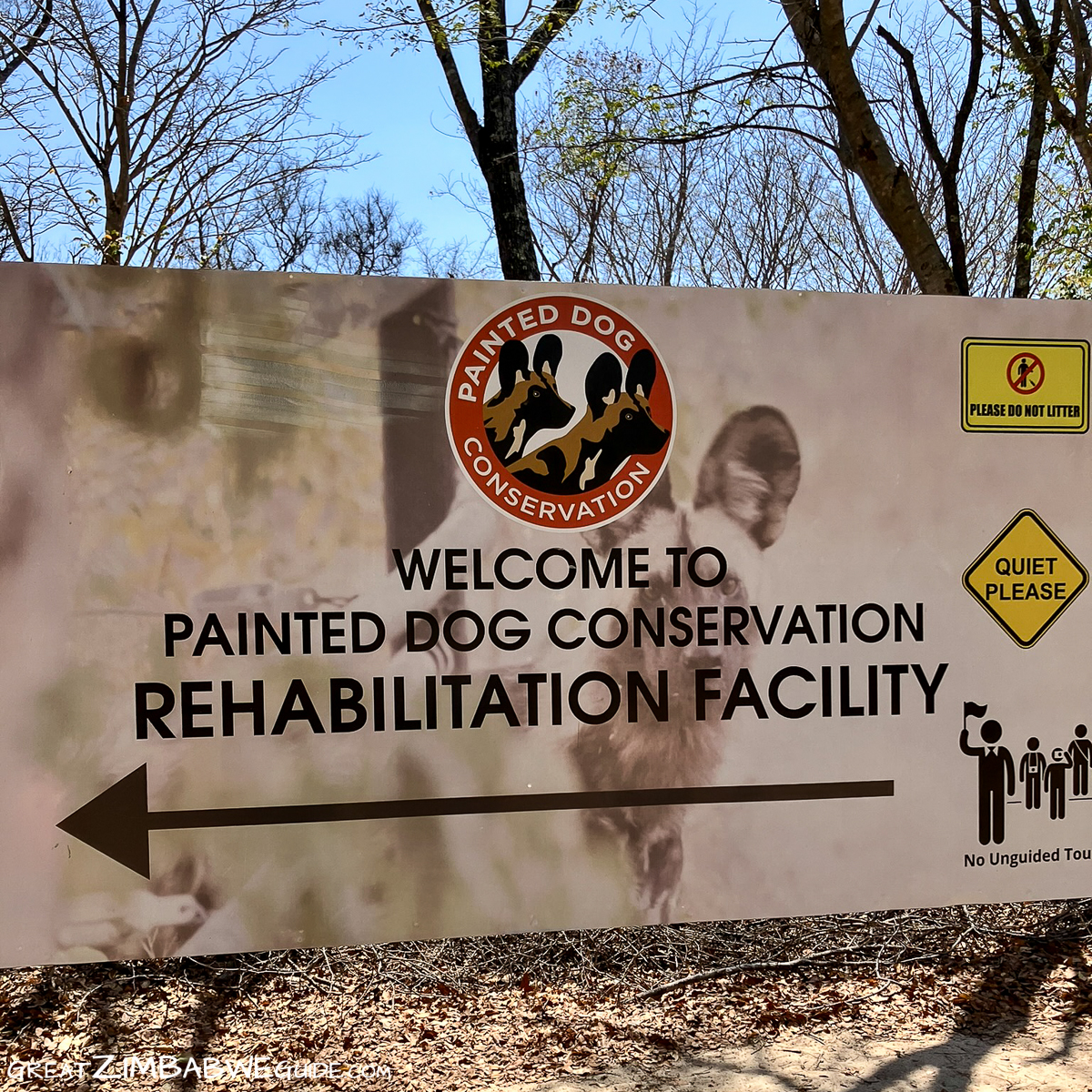 Sign for painted dog rehabilitation hwange national park zimbabwe africa